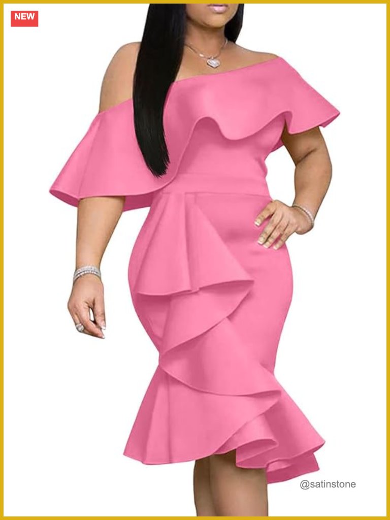 Off The Shoulder Bodycon Midi Cocktail Dress With Ruffles